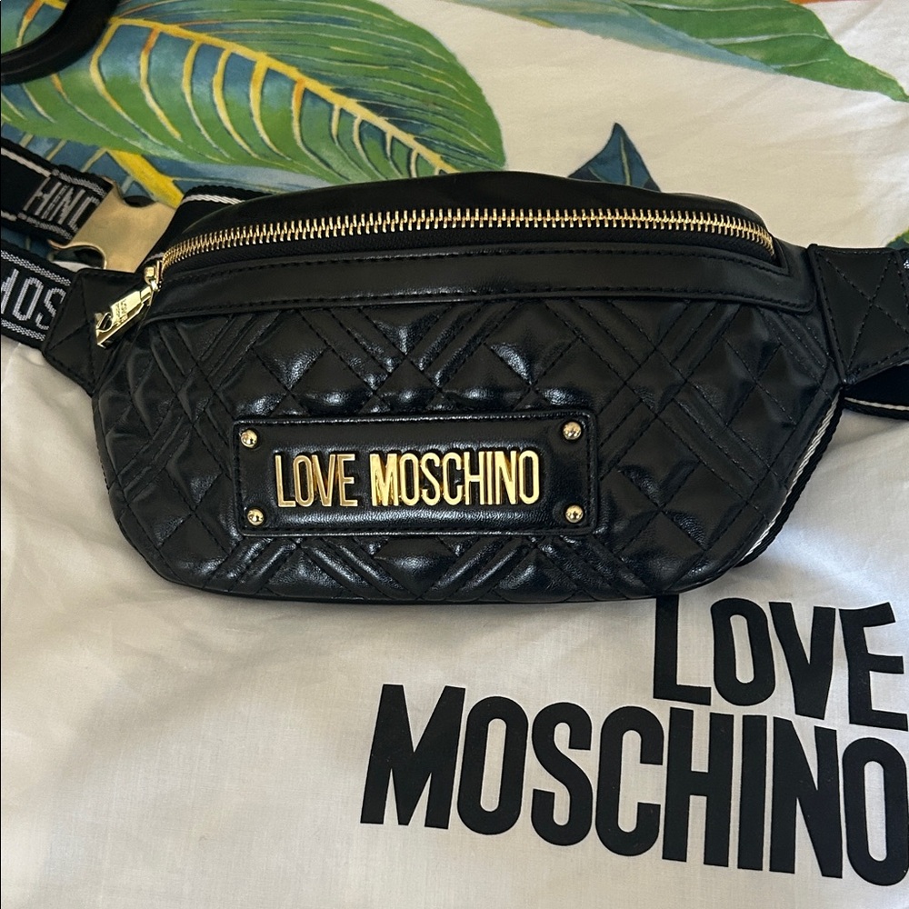 Love Moschino Quilted Black Belt Bag with Gold Details